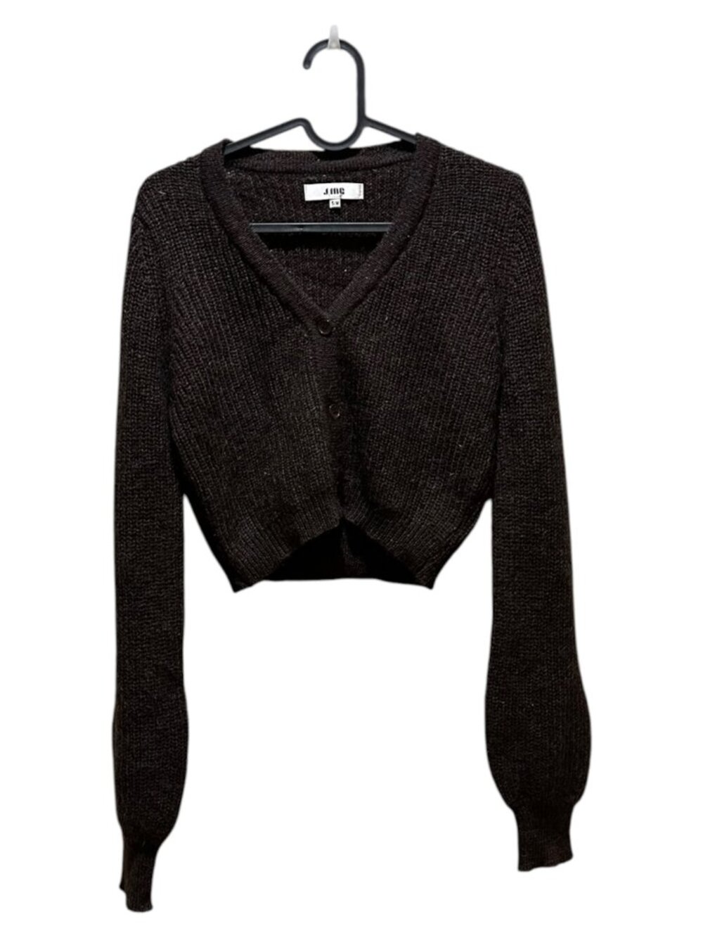 Vintage J. Ing Mohair Blend Cropped Cardigan Sweater Brown Fuzzy Balloon Sleeve